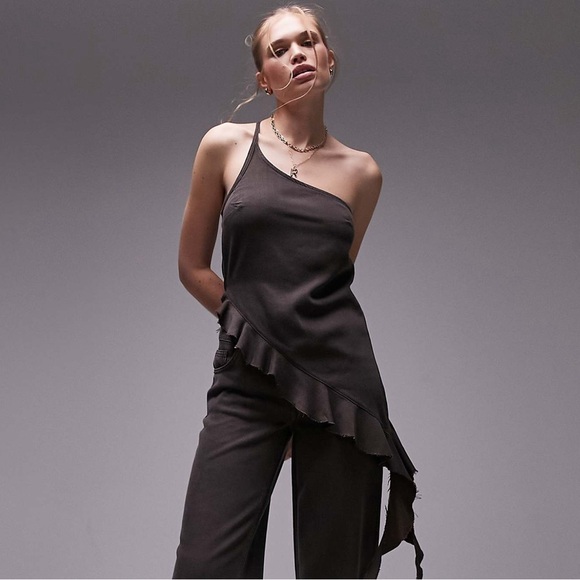 Topshop Tops - TOPSHOP Denim Asymmetric Cami w/ Ruffle Hem in Brown Twill